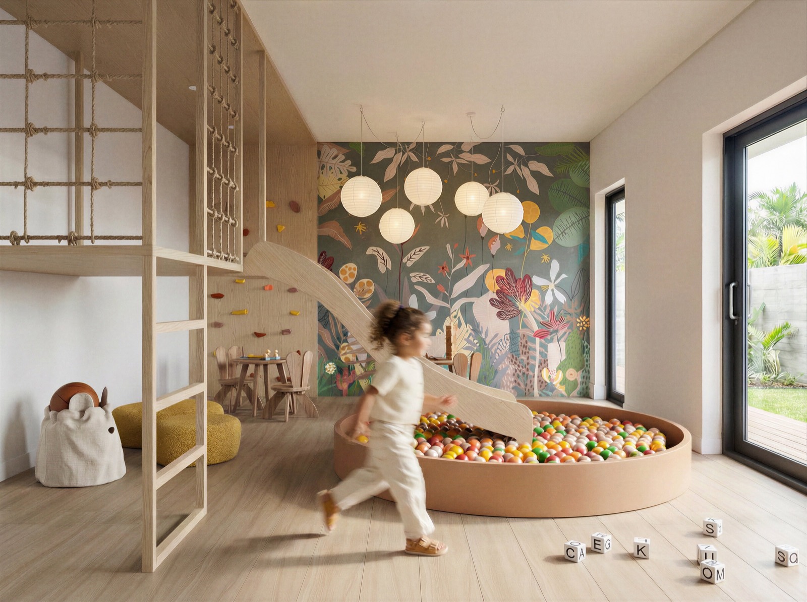 Brinquedoteca com parede de escalada, escorregador e piscina de bolinhas