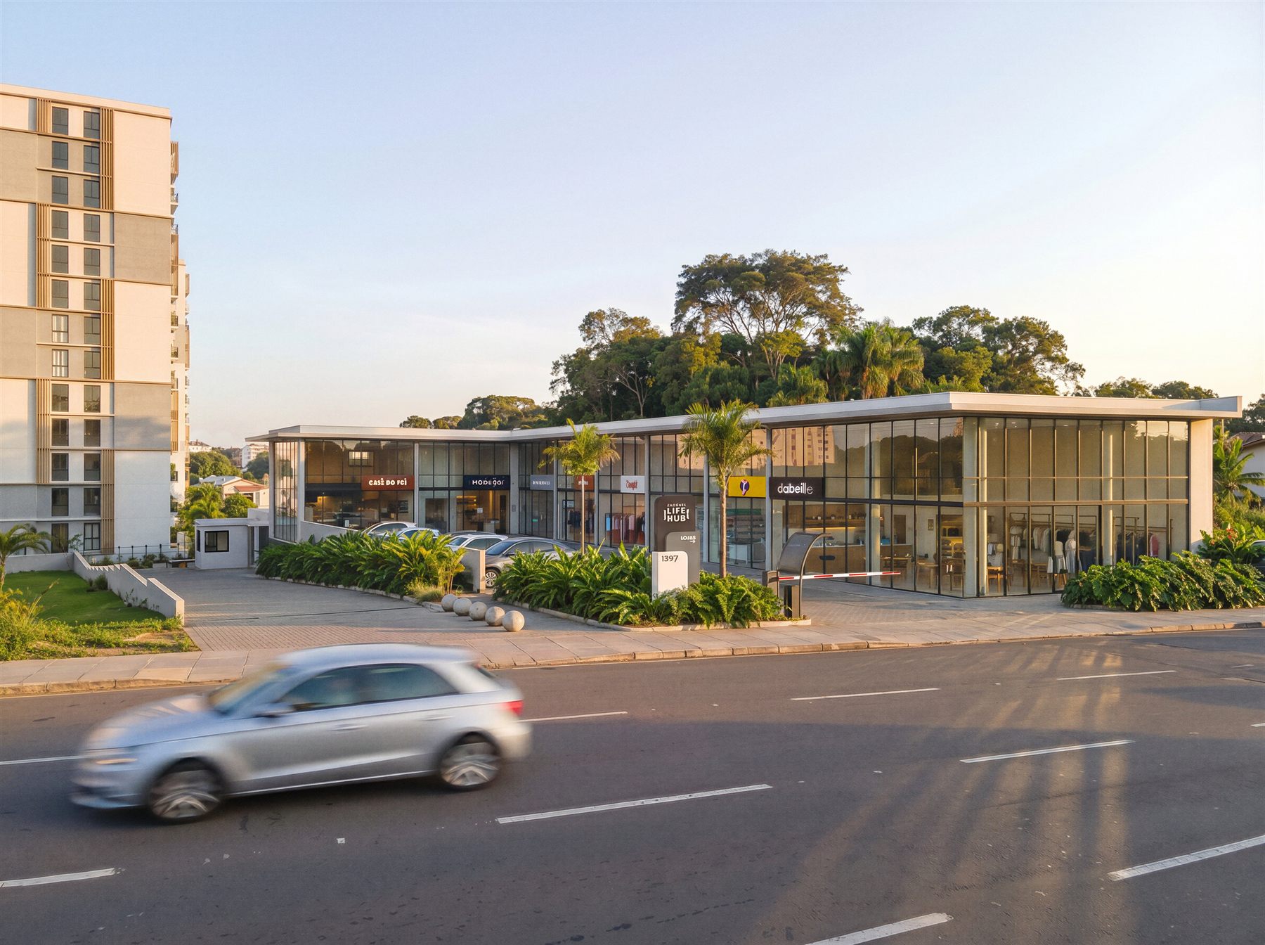 Perspectiva do prédio comercial com sete lojas envidraçadas de frente para a Avenida Independência