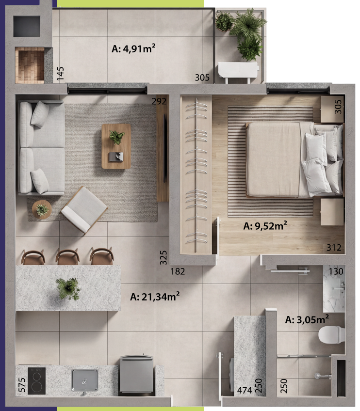 Planta do apartamento de 1 dormitório Plus, 47,16 m²