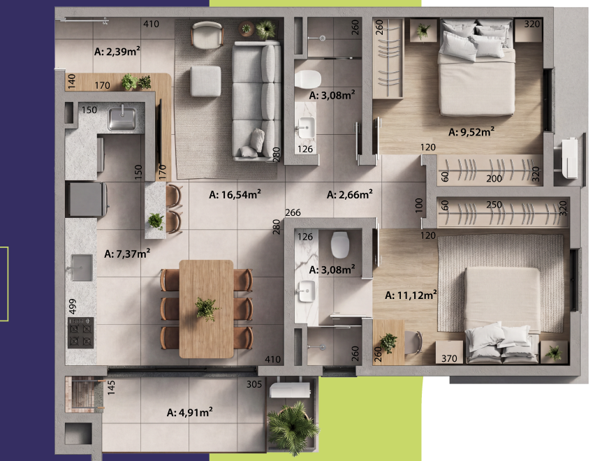 Planta do apartamento de 2 dormitórios com suíte, 72,45 m²