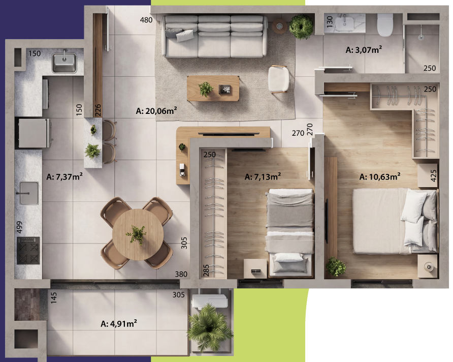 Planta do apartamento de 2 dormitórios, 63,32 m²