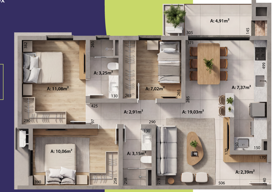 Planta do apartamento de 3 dormitórios com suíte, 84,54 m²