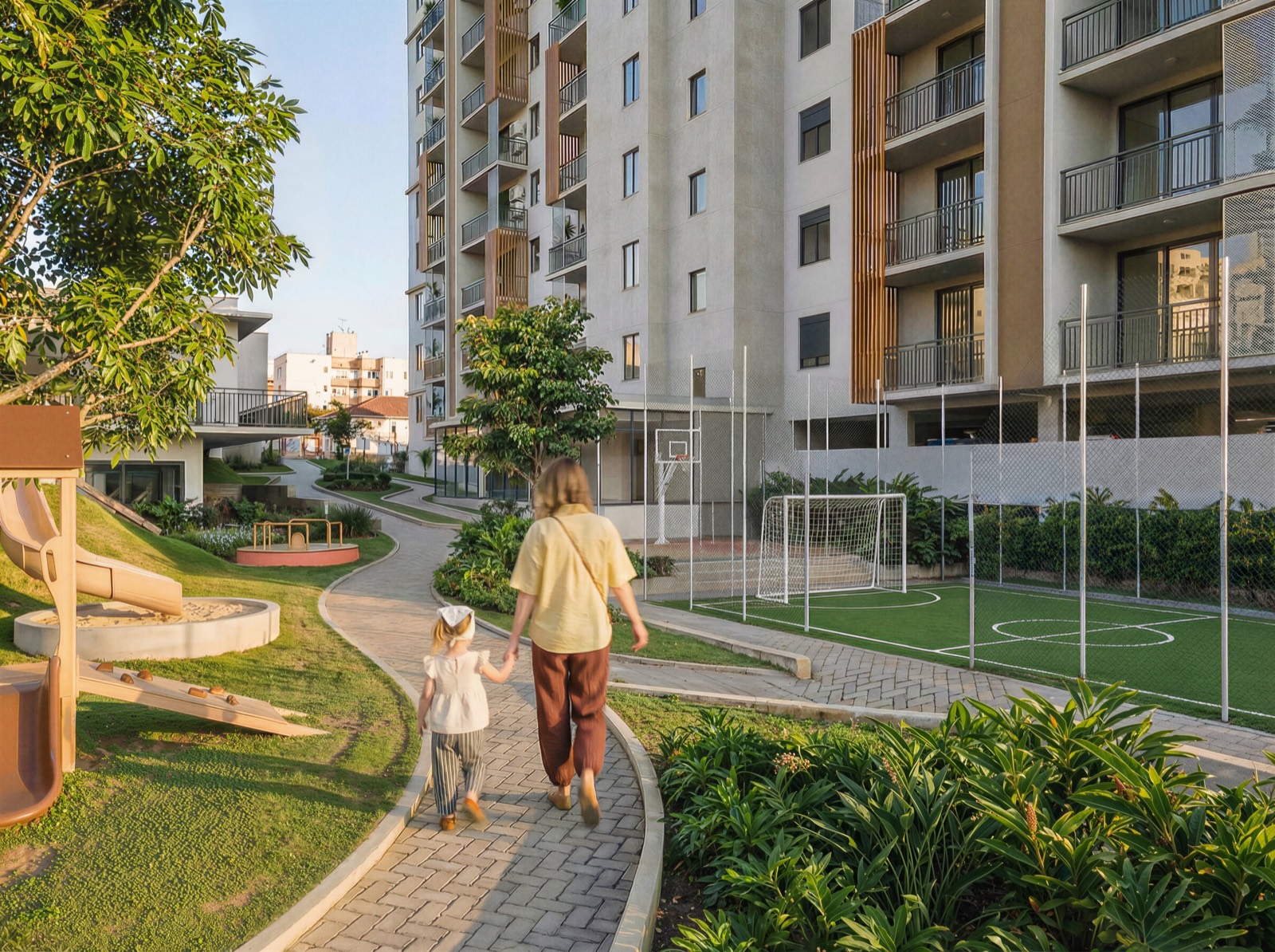 Mãe e filha caminhando entre o playground e as quadras